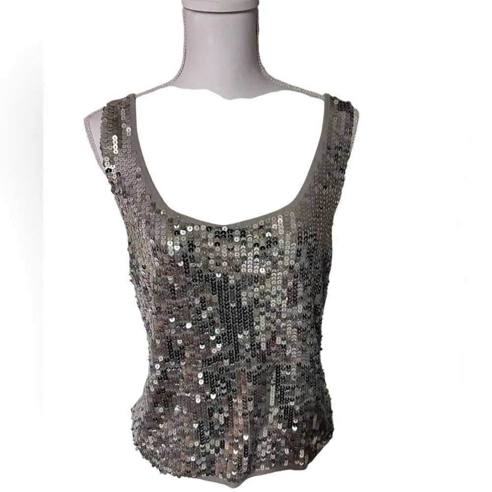 Newport News Jeanolgy Collection Silver Sequin Sleeveless Silk Top Size XL